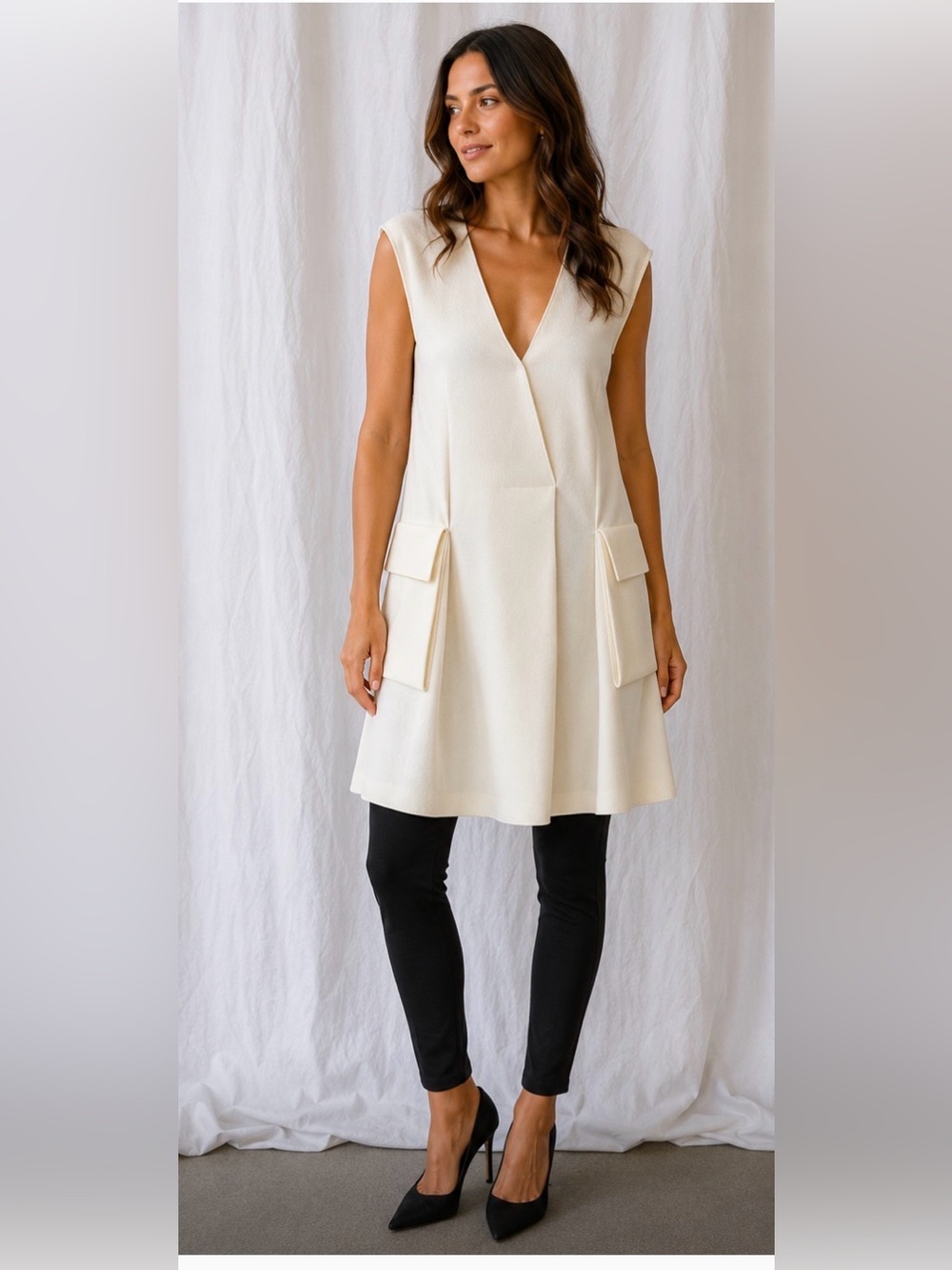Dion Lee Sleeveless V-Neck Mini Dress in Cream with Flap Pockets 4
